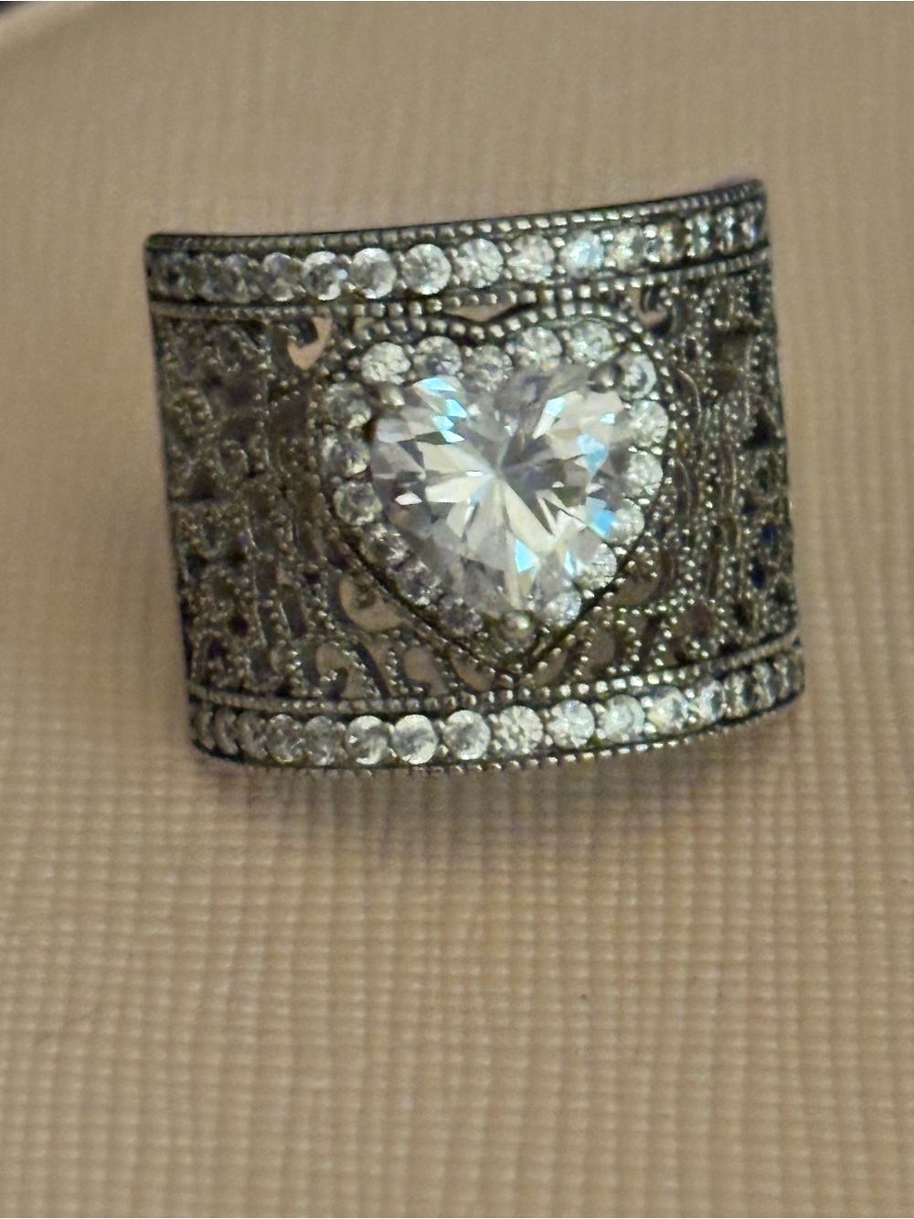 Sterling Silver Heart Filigree Statement Ring with Clear Cz